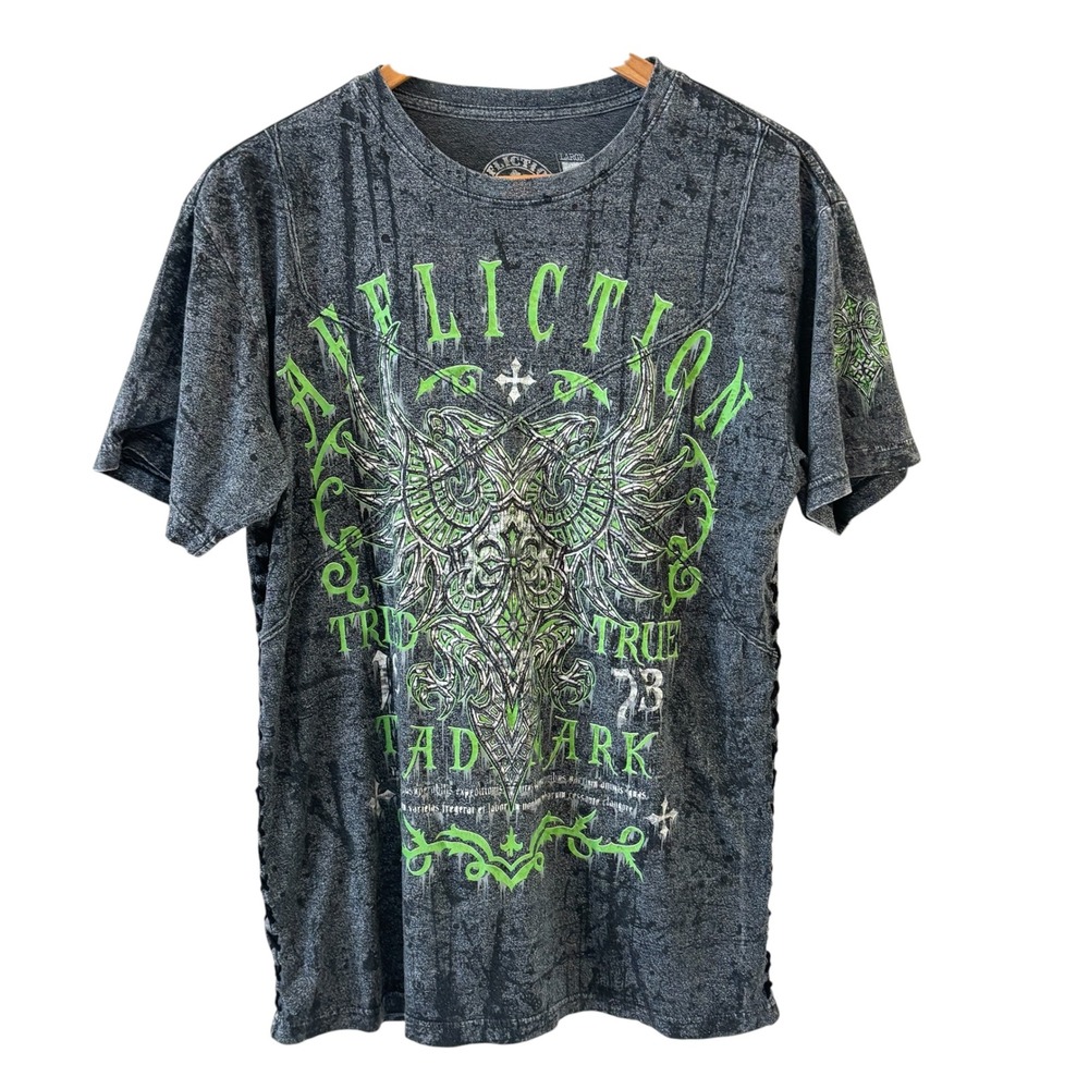 Affliction Graphic T-Shirt Mens Large‎ Grey Green Acid Wash Winged Cross Y2K MMA